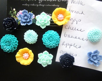 Fridge Magnets, 12 pc Flower Magnets, Office Supplies, Cubicle Decor, Locker Magnets, Dorm Room Decor, Blue, Yellow, Aqua