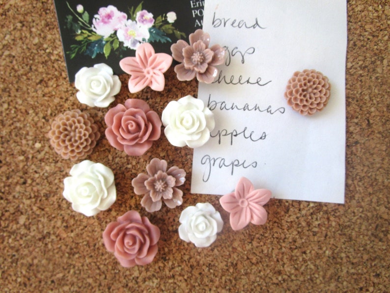 Push Pin Set, 12 Flower Thumbtacks, Pink, White and Neutral Office Supply, Dorm Room Decor, Bulletin Board Tack, Small Gift image 3