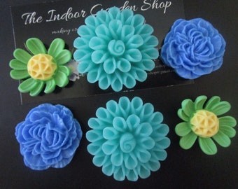 Big Flower Magnets, 6 Large Refrigerator Magnets, Blue and Green, Fridge Magnet, Cubicle Decor, Office Decor