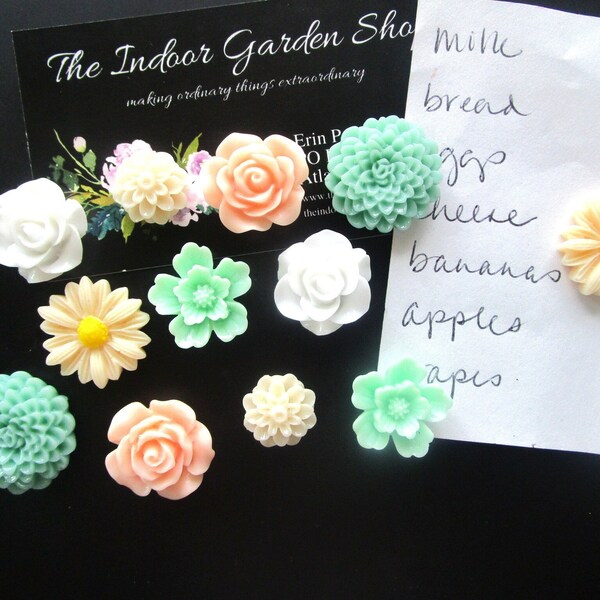 Magnet Set, 12 Flower Magnets, Cubicle Decor, Office Supplies, Fridge Magnets, Desk Magnets, Pale Green, Peach and White