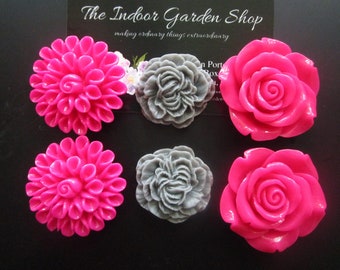 Pink and Gray Flower Magnets, 6 Large Magnets, Fridge Magnet, Office Supplies, Cubicle Decor, Locker Magnets, Stocking Stuffer
