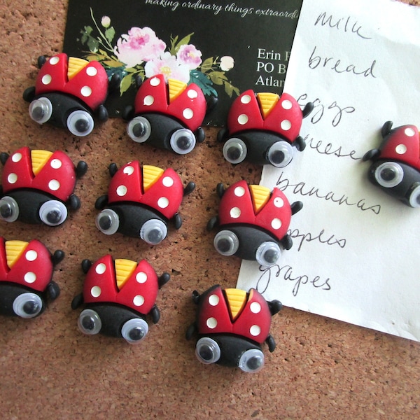 Ladybug Pushpins, 10 Red Bug Thumbtacks, Googly Eye Lady Bugs, Push Pins, Office Supply, Cubicle Decor, Dorm Room Decor