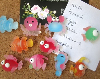 Fish Pushpins, 10 Cute Thumbtacks, Sea Creature Push Pins, Office Supply, Cubicle Decor, Dorm Room Decor, Quirky Gift