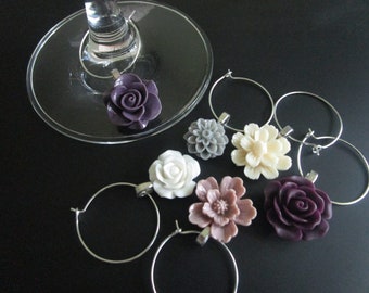 Wine Charms, Flower Wine Tags, Set of 6, Drink Marker, Plum, Ivory, Mauve, Cream