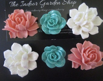 Fridge Magnets, 6 Large Flower Magnets, Dusty Rose, White and Teal, Cubicle Decor, Office Decor, Locker Magnets