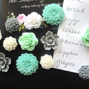 Flower Magnets, 12 Strong Refrigerator Magnets, Cubicle Decor, Locker Magnets, Cute Office Supply, Mint Green, Gray