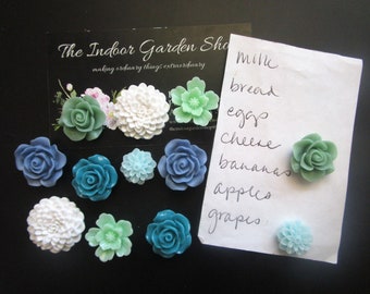 Magnets, 12 pc Flower Magnets, White, Blue, Teal, Mint, Aqua, Cornflower Blue Kitchen Decor, Desk Magnet, Locker Magnets