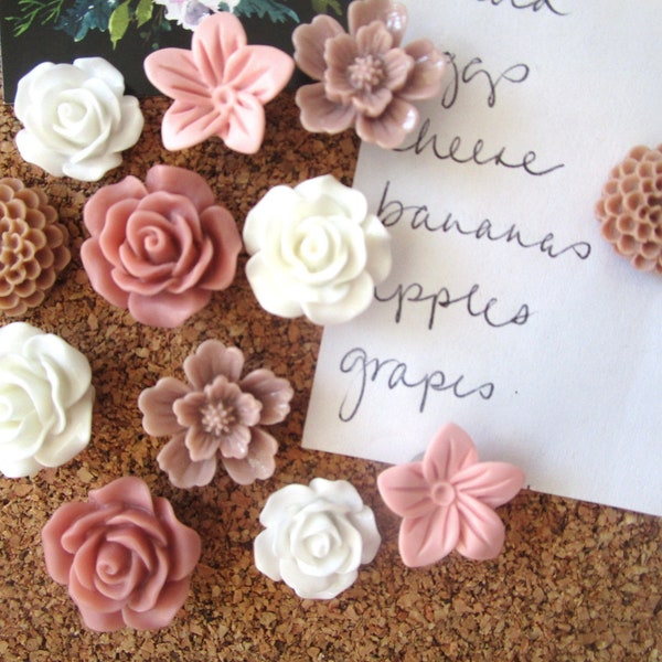 Push Pin Set, 12 Flower Punaises, Roze, Wit en Neutraal Kantoorbenodigdheden, Dorm Room Decor, Bulletin Board Tack, Klein Cadeau