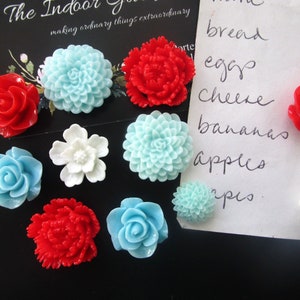 Flower Magnets, 12 pc Pretty Magnets, Retro Color Scheme, Aqua, White, and Red, Small Gift, Locker Magnets, Wedding Favors