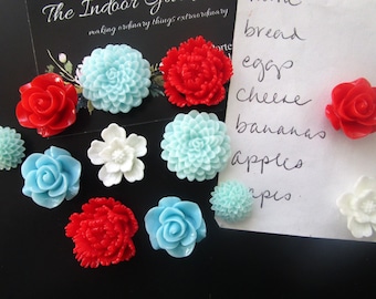 Flower Magnets, 12 pc Pretty Magnets, Retro Color Scheme, Aqua, White, and Red, Small Gift, Locker Magnets, Wedding Favors