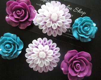 Large Magnets, 6 Flower Magnets, Lilac and Peacock Blue Fridge Magnets, Office Supplies, Cubicle Decor, Locker Magnets