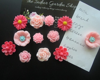 Pink Magnets, 12 Flower Magnets, Locker Magnets, Cubicle Decor, Pink Office Supplies, Fridge Magnets, Small Gift