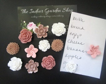 Pretty Magnets, 12 Flower Magnets, Office Supplies, Cubicle Decor, Strong Magnets, Locker Magnets, Pink, White, Tan