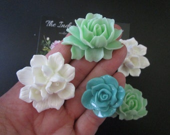 Fridge Magnets, 6 Large Flower Magnets, Mint Green, White and Teal, Cubicle Decor, Office Decor, Locker Magnets