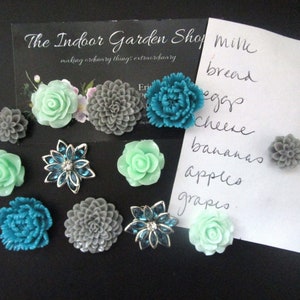 Magnets, 12 pc Flower Magnets, Mint Green, Teal, and Gray Kitchen Decor, Housewarming Gifts, Wedding Favors