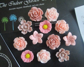 Flower Magnets, 12 pc, Pink and Mauve, Fridge Magnets, Kitchen Decor, Art Boards, Hostess Gifts, Wedding Favors, Lockers, Office Supply