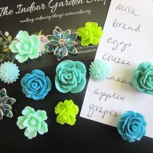 12 Flower Magnets, Teal, Mint Green, Aqua, Lime Green, Rhinestones, Locker Magnets, Hostess Gifts, Office Supply, Girls Room, Teacher Gift