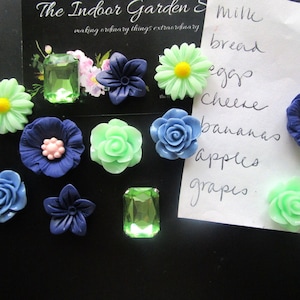 Flower Magnet Set, 12 Fridge Magnets, Glam Office Decor, Cubicle Decor, Blue and Green, Rhinestone Magnet, Locker Magnets