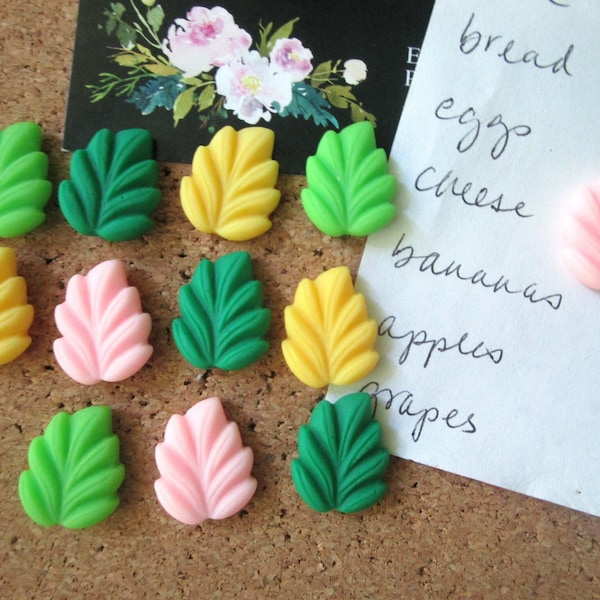Leaf Pushpins, 12 Little Leaf Thumbtacks, Pin, Green and Yellow Push Pins, Cute Office Supplies, Cubicle Decor, Plant Decor