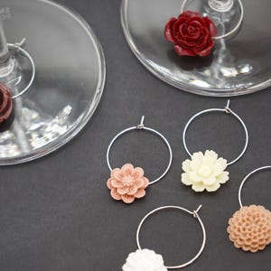 Flower Wine Charms, Pretty Wine Tags, Set of 6, Drink Marker, Housewarming Gift, Burgundy, Tan, Cream