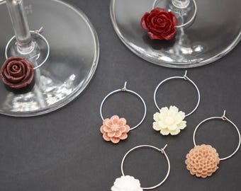 Flower Wine Charms, Pretty Wine Tags, Set of 6, Drink Marker, Housewarming Gift, Burgundy, Tan, Cream