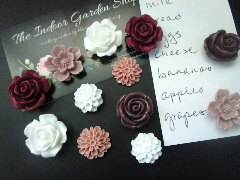 Flower Magnets, Fridge Magnet Set, Locker Magnet, Cubicle Decor, Burgundy, Mauve, White image 4