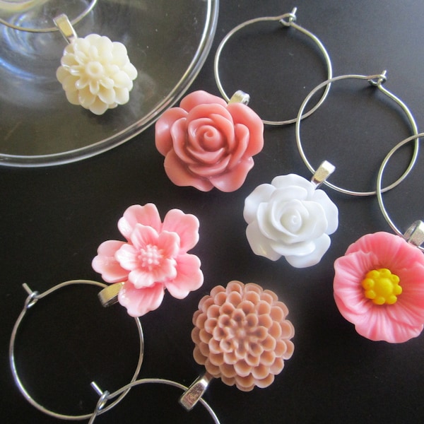 Wine Charms, Pretty Wine Tags, Set of 6, Drink Marker, Housewarming Gift, Pink, Tan, White, Flowers