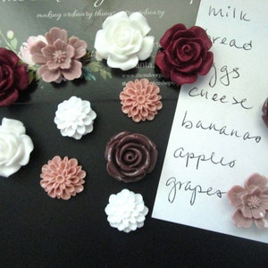 Flower Magnets, Fridge Magnet Set, Locker Magnet, Cubicle Decor, Burgundy, Mauve, White image 3