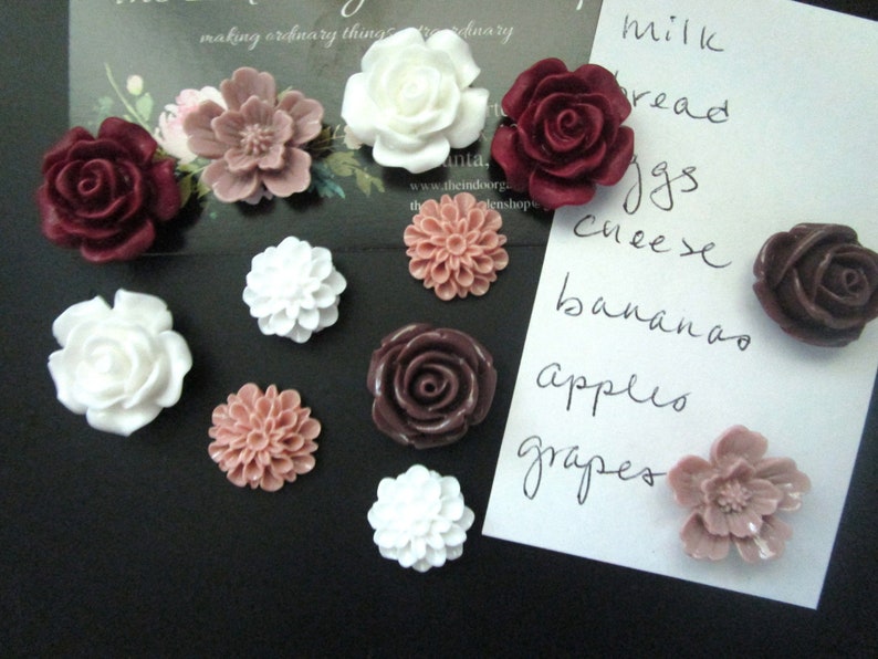 Flower Magnets, Fridge Magnet Set, Locker Magnet, Cubicle Decor, Burgundy, Mauve, White image 3