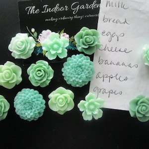 Flower Magnets, 12 Strong Refrigerator Magnets, Cubicle Decor, Locker Magnets, Cute Office Supply, Mint Green, Gray