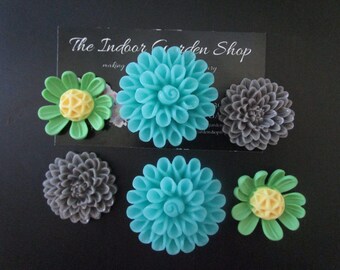 Big Flower Magnets, 6 Large Refrigerator Magnets, Gray and Green, Fridge Magnet, Cubicle Decor, Office Decor