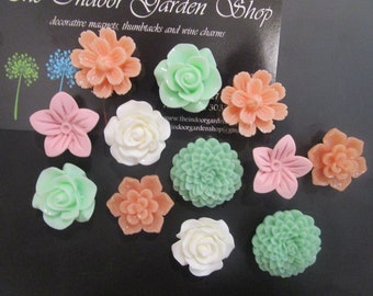 Pretty Magnet Set, 12 Flower Magnets, Locker Accessory, Cubicle Decor, Cute Office Supply, Sage, Pink, Peach, Ivory