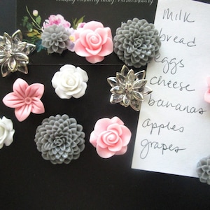 Pretty Magnet Set, 12 pc Flower Magnets, White, Pink and Gray, Locker Magnets, Housewarming Gifts, Hostess Gifts, Wedding Favors
