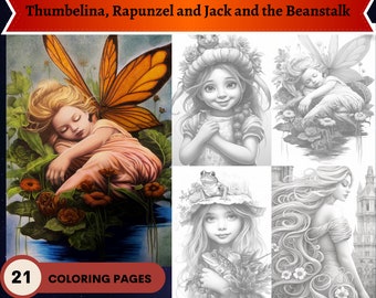 21 páginas para colorear de Pulgarcita, Rapunzel y Jack y las habichuelas mágicas / 21 páginas para colorear imprimibles para niños adultos / Descargar ilustración en escala de grises
