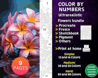 9 Color by Number Pages, Digital Coloring Pages, Paint by Numbers Bundle, Procreate Coloring Book, Ultrarealistic flowers Adults Coloring