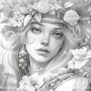 May include: A black and white illustration of a woman with long hair wearing a floral crown and a hat. She is surrounded by flowers and leaves.