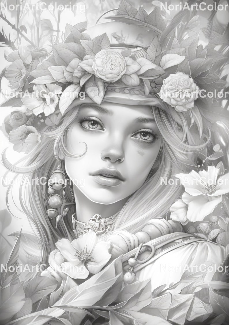 May include: A black and white illustration of a woman with long hair wearing a floral crown and a hat. She is surrounded by flowers and leaves.