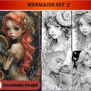 50 Mermaids Set 2 Grayscale Coloring Pages | Printable Adult Kids Coloring Pages | Download Grayscale | Cute Animals