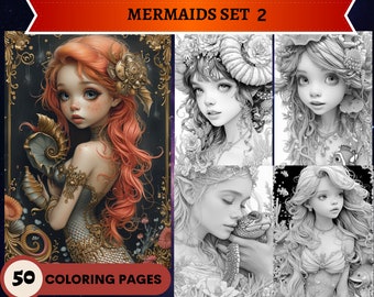 50 Mermaids Set 2 Grayscale Coloring Pages | Printable Adult Kids Coloring Pages | Download Grayscale | Cute Animals