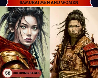 May include: Two illustrations of samurai warriors, one female and one male. The female warrior is wearing a red and gold armor with a red scarf. The male warrior is wearing a gold and red armor with a long black wig. The text "58 Coloring Pages" is in the bottom left corner of the image.