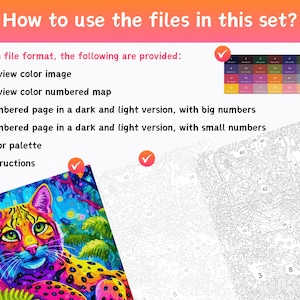 Peut inclure: Image pr&eacute;sentant des instructions pour utiliser les fichiers d'un kit de peinture par num&eacute;ros. Comprend une image couleur d'aper&ccedil;u, une carte num&eacute;rot&eacute;e, des pages num&eacute;rot&eacute;es en versions claire et fonc&eacute;e, une palette de couleurs et des instructions. Un chat color&eacute; est visible.