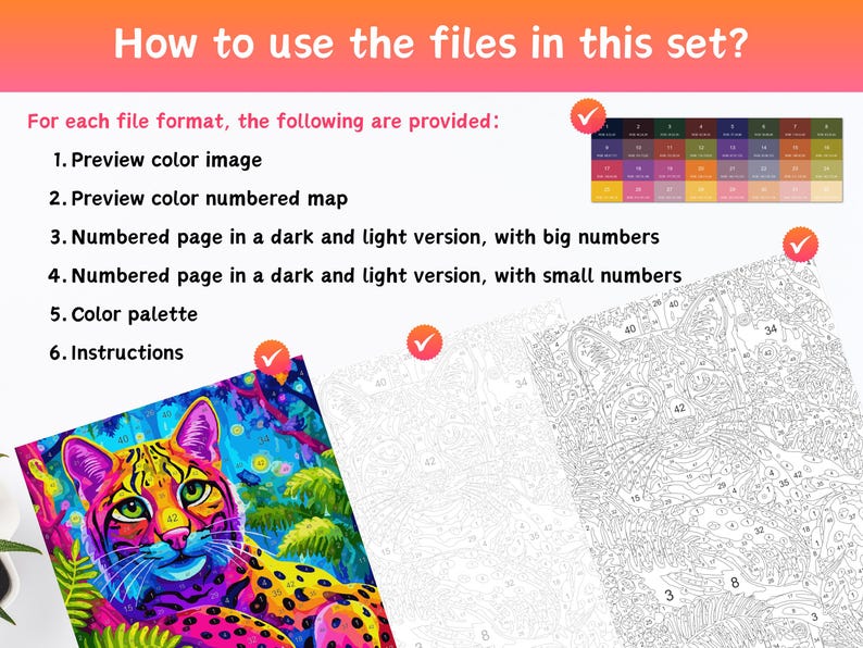Peut inclure: Image pr&eacute;sentant des instructions pour utiliser les fichiers d'un kit de peinture par num&eacute;ros. Comprend une image couleur d'aper&ccedil;u, une carte num&eacute;rot&eacute;e, des pages num&eacute;rot&eacute;es en versions claire et fonc&eacute;e, une palette de couleurs et des instructions. Un chat color&eacute; est visible.