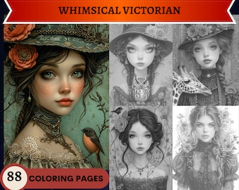 88 Whimsical Victorian Coloring Pages | Printable Adult Coloring Pages | Download Grayscale Illustration