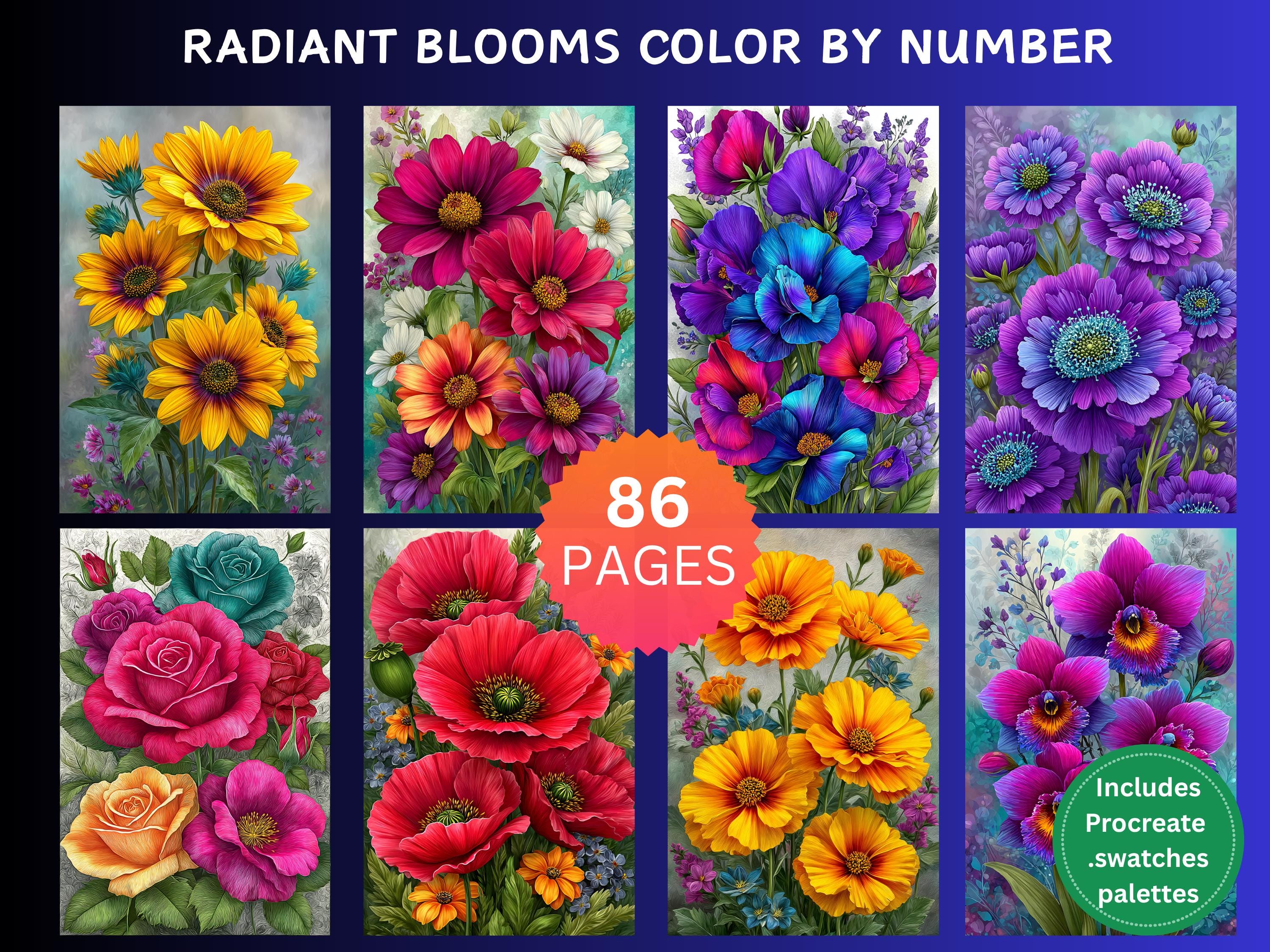 86 Flores Radiantes para Colorear por Números | Pack Digital de Coloreado Floral para Adultos (PDF, PNG, JPG, SVG)