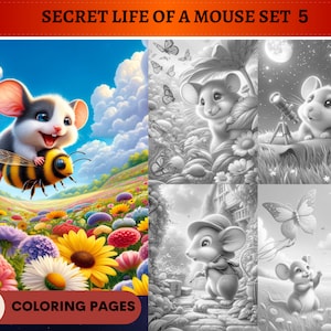 48 Secret Life of a Mouse Set 5 Coloring Pages | Coloring pages Adults | Instant Download Grayscale Coloring Page | Travelling Mouse