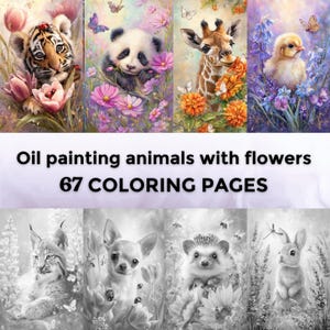 67 Oil Painting Animals with Flowers Grayscale Coloring Pages | Printable Animal Pets Pages | Download Grayscale | Wildlife Paintings