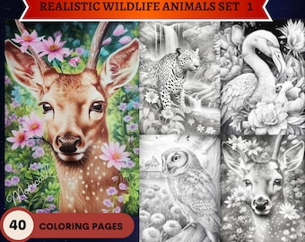 40 Realistic Wildlife Animals Set 1 Grayscale Coloring Pages | Printable Adult Coloring Pages | Download Grayscale Illustration | PDF