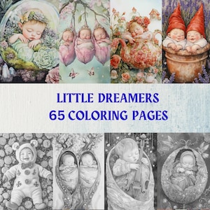 65 Little Dreamers Grayscale Coloring Pages | Cute sweet sleeping babies| Fantasy | Digital Printable Coloring Book for Adults |PDF Download