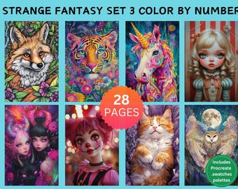 28 Color by Number Pages, Digital Coloring Pages, Paint by Numbers Bundle, Procreate Adults Coloring Book, Strange Fantasy Set 3 CBN