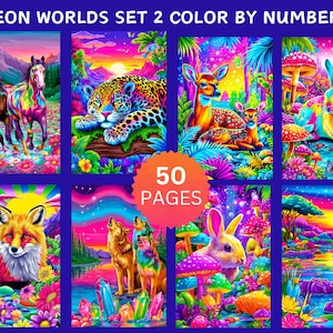 Peut inclure: Ensemble de tirages d'art n&eacute;on, "NEON WORLDS SET 2 COLOR BY NUMBERS", pr&eacute;sentant des illustrations color&eacute;es d'animaux et de paysages. L'ensemble comprend 50 pages de motifs uniques, parfaits pour les amateurs de coloriage. Les images sont sur fond bleu fonc&eacute;.